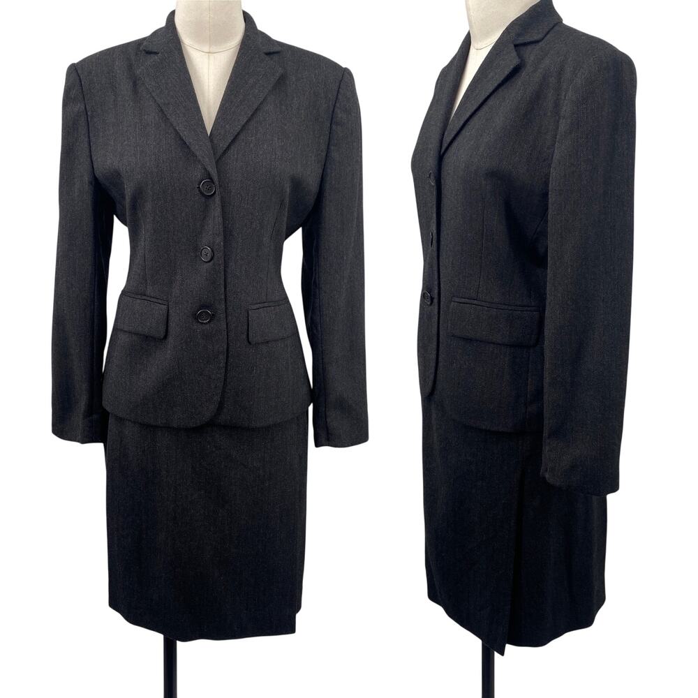Vintage Lauren Ralph Lauren Worsted Wool Skirt Suit 2 Piece Tailored Gray Womens